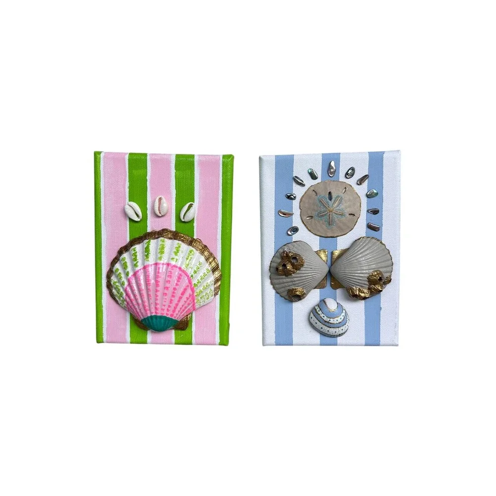 Set of 2 Preppy Beach Handpainted Shell Art Mini Canvas 5x7 Coastal Wall Decor